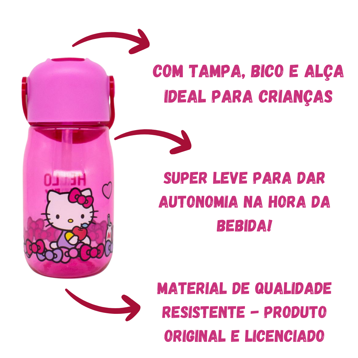 Garrafa Flip Hello Kitty Infantil Com Tampa Canudo e Alça 400ml