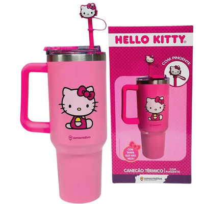 Copo Térmico Canecão Hello Kitty 1,15L Aço Inox com Tampa e Canudo com Pingente