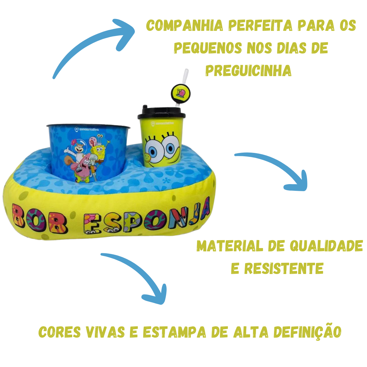 Kit Bob Esponja Almofada Porta Pipoca Balde e Copo Individual Infantil