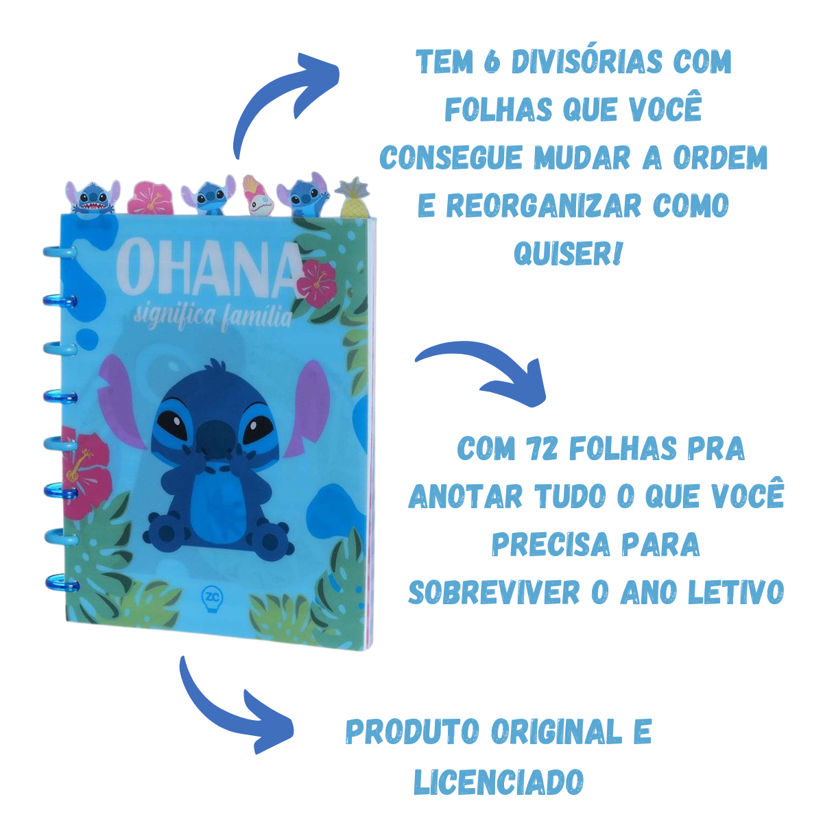 Caderno Inteligente Stitch com 6 Divisórias 72 Folhas