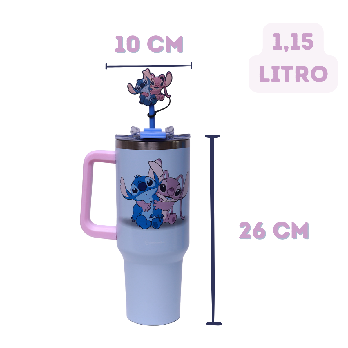 Copo Térmico Stitch e Angel 1,15L – Aço Inox com Canudo e Tampa + Brinde Especial