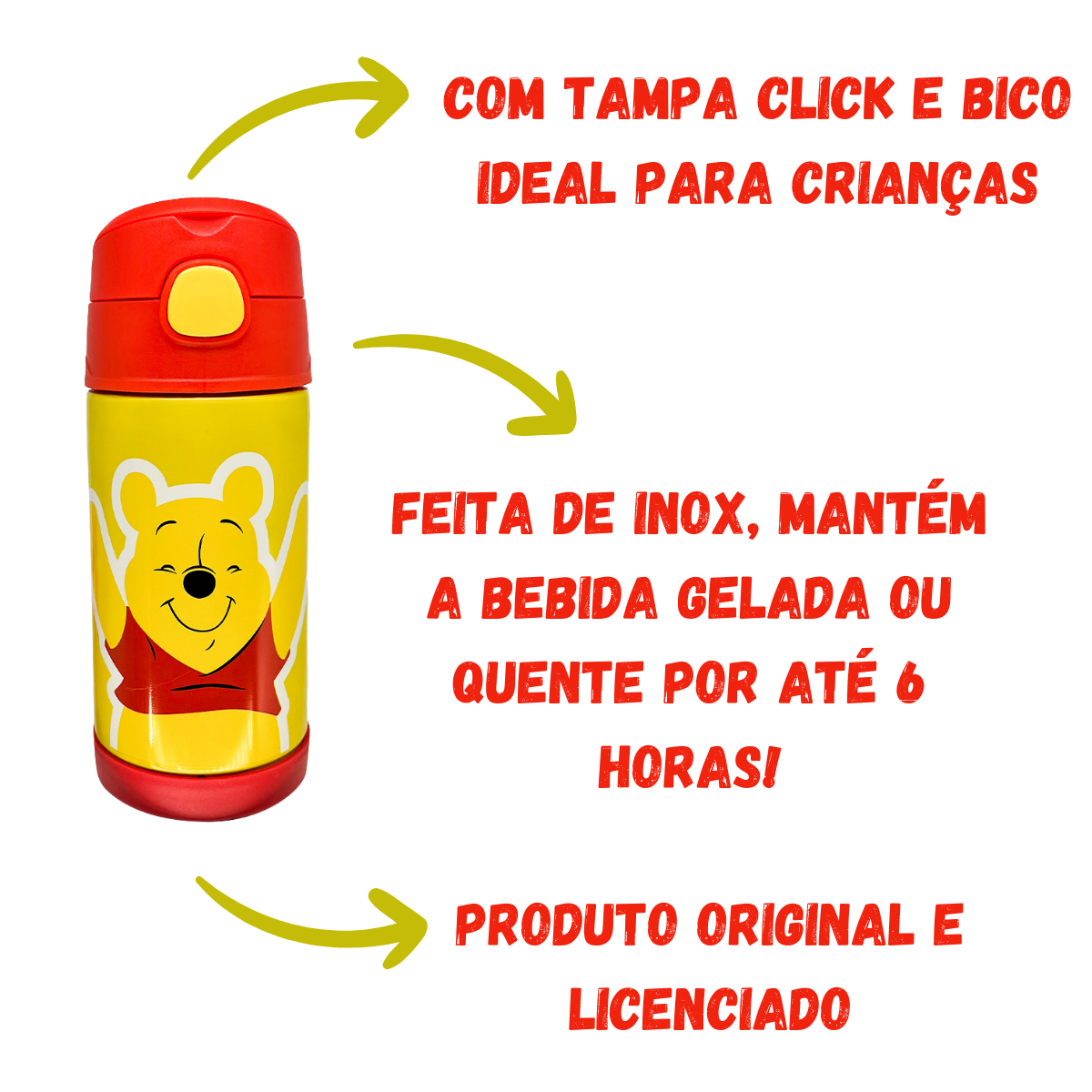 Garrafa Térmica Ursinho Pooh 300ml Aço Inox com Canudo de Silicone e Tampa com Trava