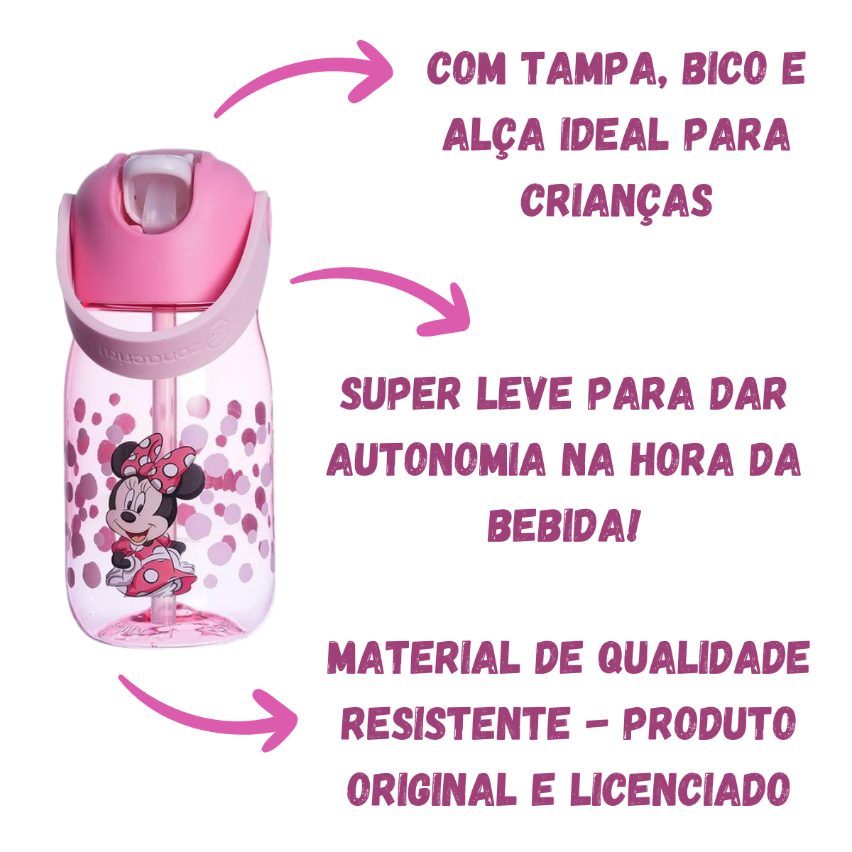 Garrafa Minnie Infantil com Tampa Alça e Bico 400ml