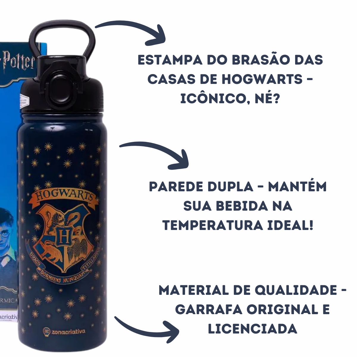 Garrafa Térmica Inox Harry Potter Hogwarts com Alça e Canudo 650ml