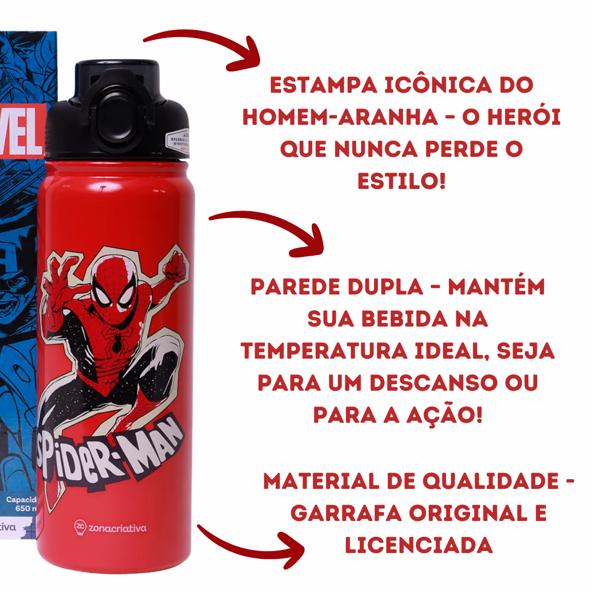 Garrafa Térmica Homem-Aranha 650ml Aço Inox com Canudo Removível e Tampa Click