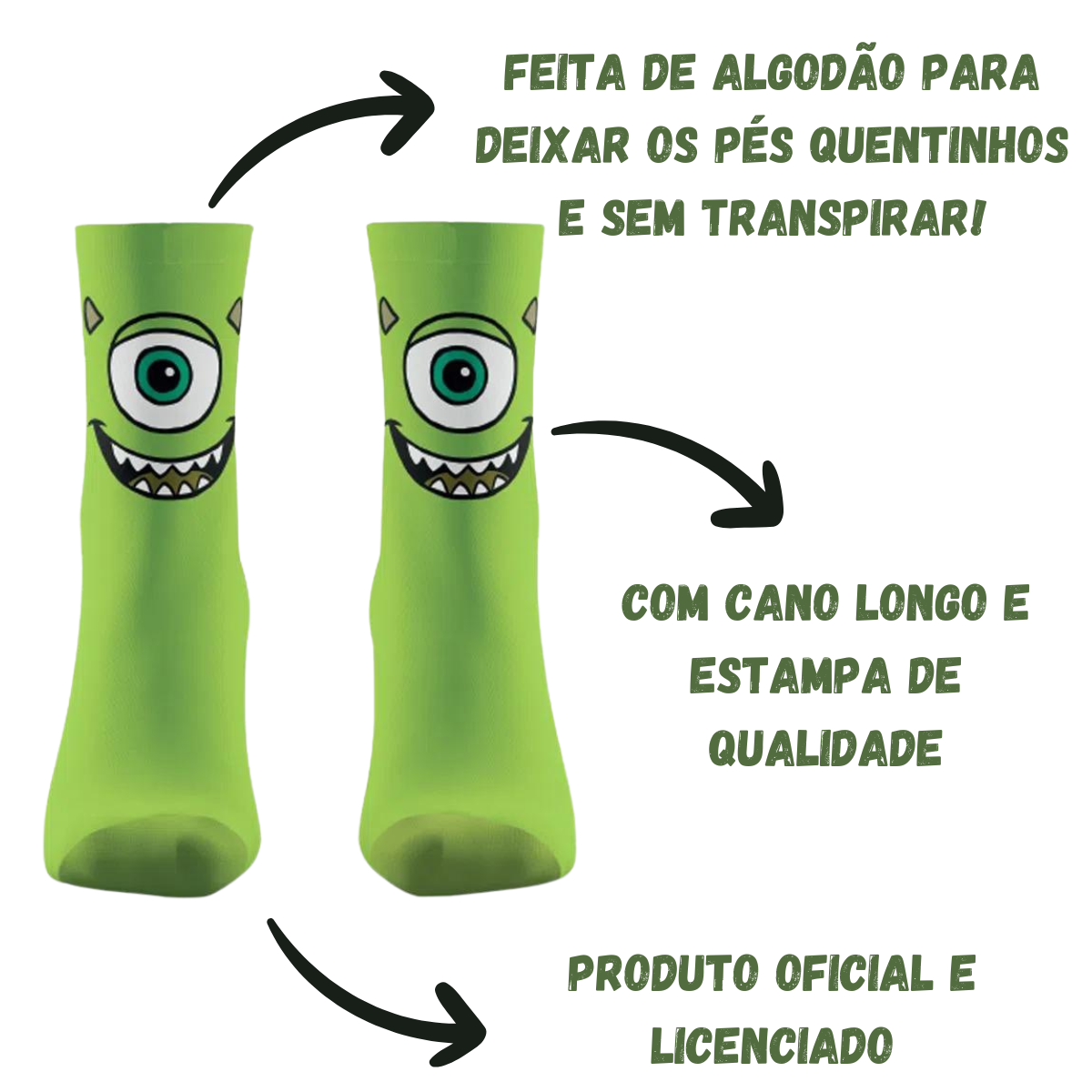 Meia Mike Wazowski Montros SA Cano Longo Tamanho Único