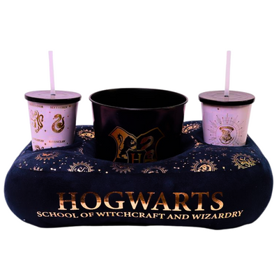 Kit Almofada Porta Pipoca Harry Potter Com 2 Copos e Balde das Casas Hogwarts Dourada