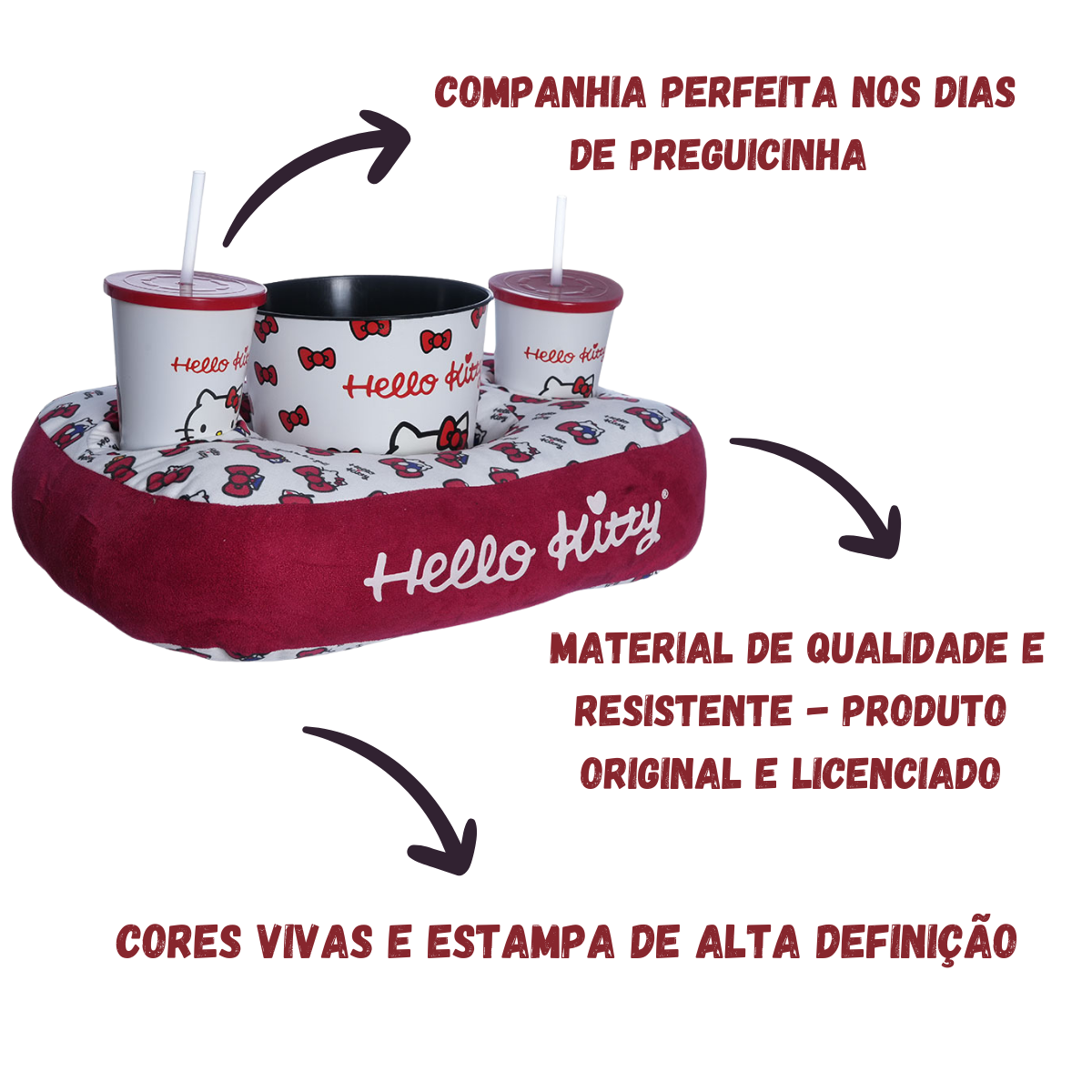 Kit Almofada Porta Pipoca Balde e Copos Hello Kitty