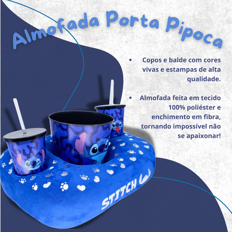Kit Porta Pipoca Stitch com Almofada, 2 Copos e Balde de 4,2L – Produto Oficial