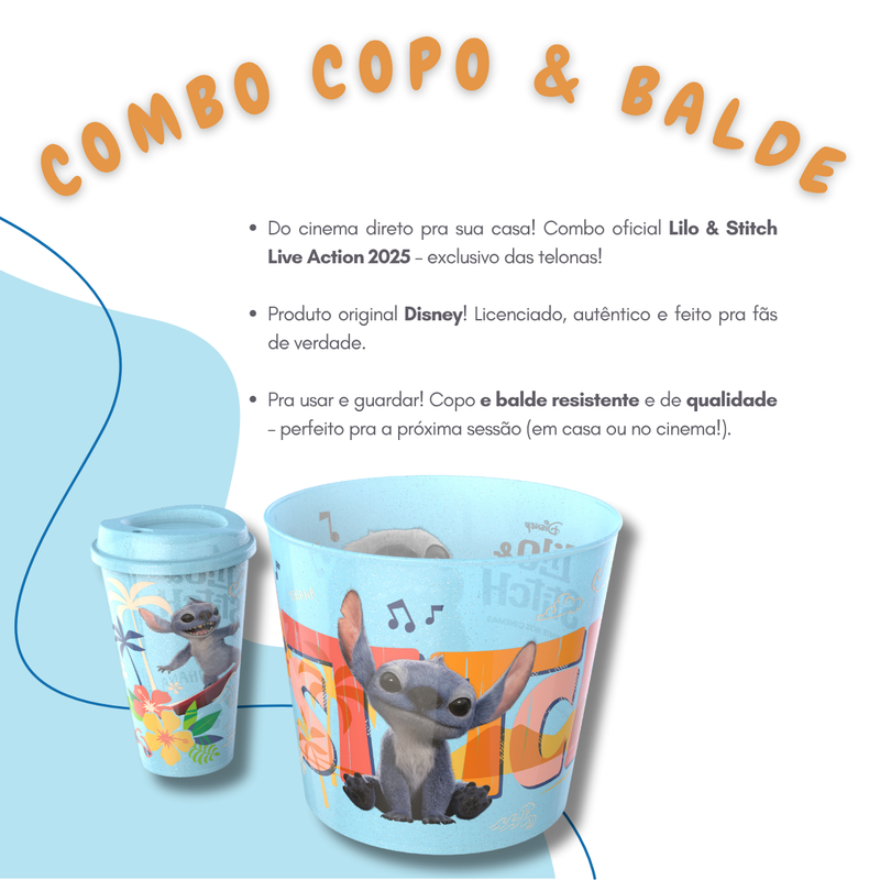 Kit Balde Pipoca e Copo Stitch Combo Cinema Original Licenciado