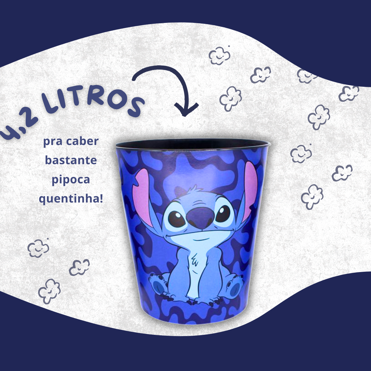 Kit Porta Pipoca Stitch com Almofada, 2 Copos e Balde 4,2L – Produto Oficial + Brinde Especial