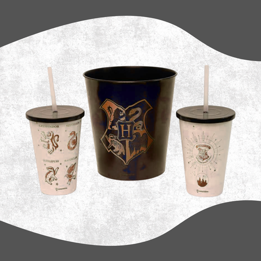 Kit Porta Pipoca Harry Potter Hogwarts com Almofada, 2 Copos, Balde 4,2L e Brinde Exclusivo