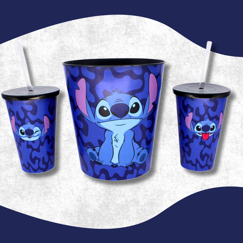 Kit Porta Pipoca Stitch com Almofada, 2 Copos e Balde de 4,2L – Produto Oficial
