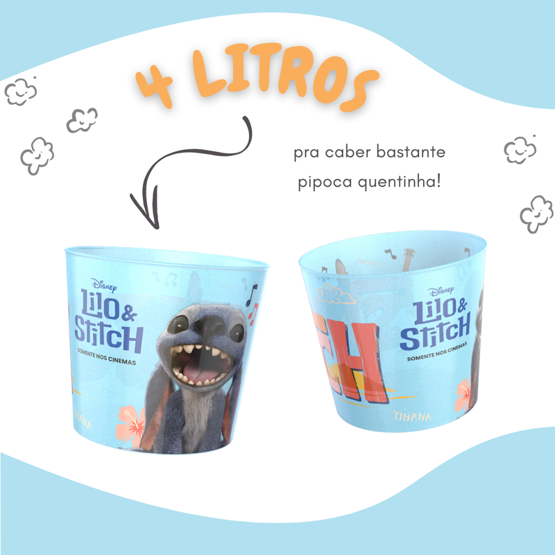Kit Balde Pipoca e Copo Stitch Combo Cinema Original Licenciado