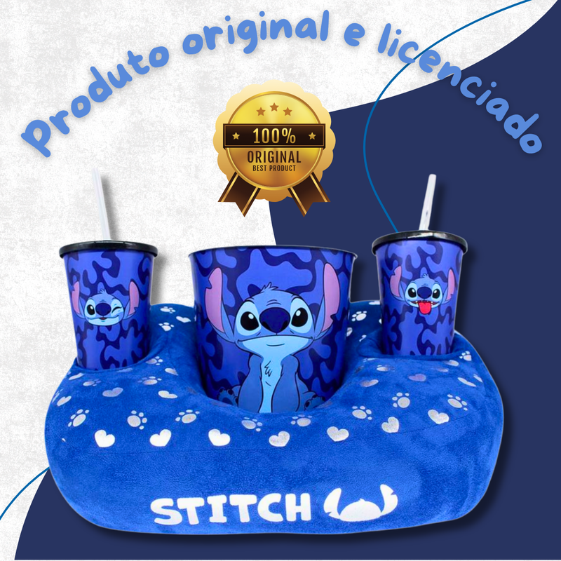 Kit Porta Pipoca Stitch com Almofada, 2 Copos e Balde de 4,2L – Produto Oficial