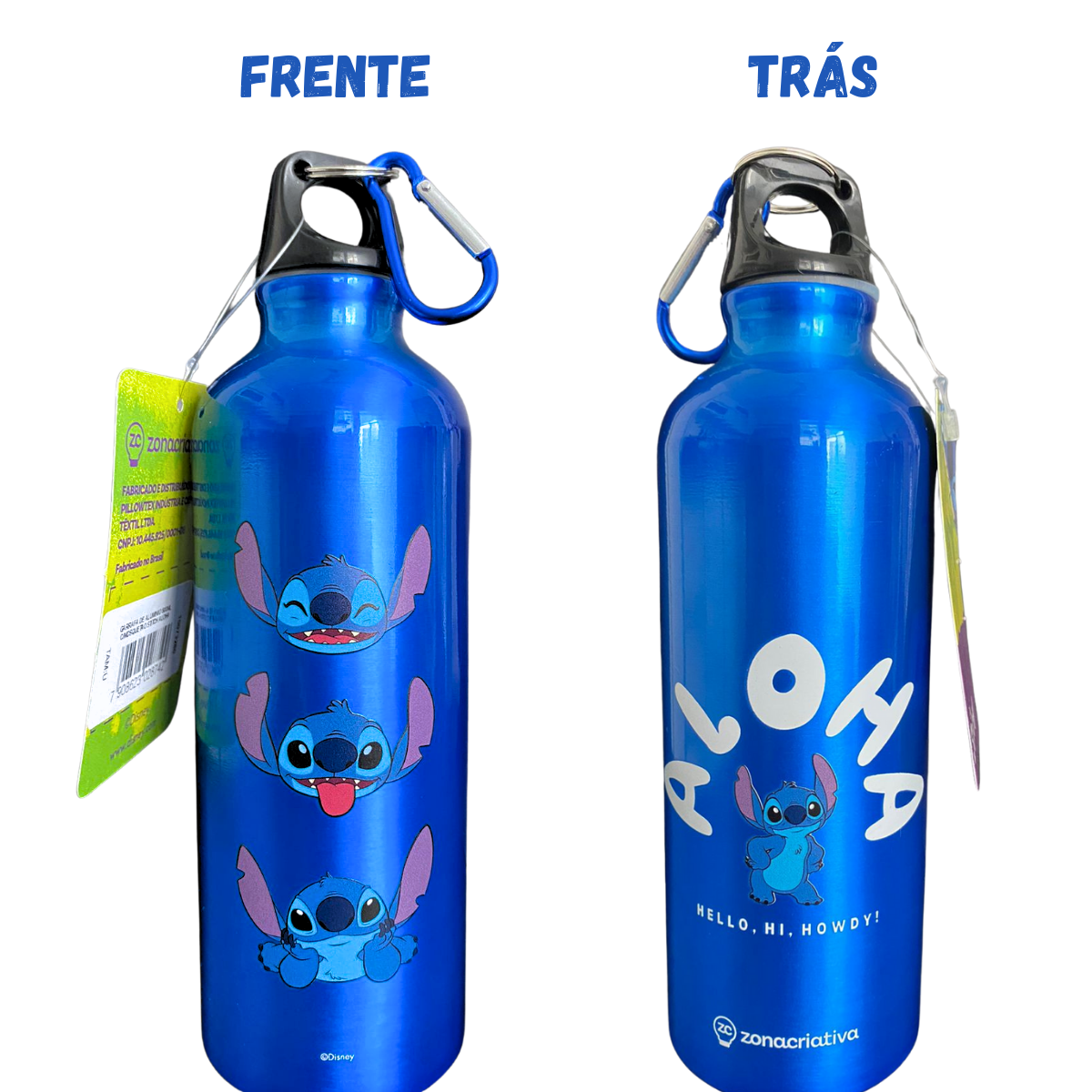 Garrafa de Alumínio Stitch Aloha com Mosquetão Chaveiro 500ml