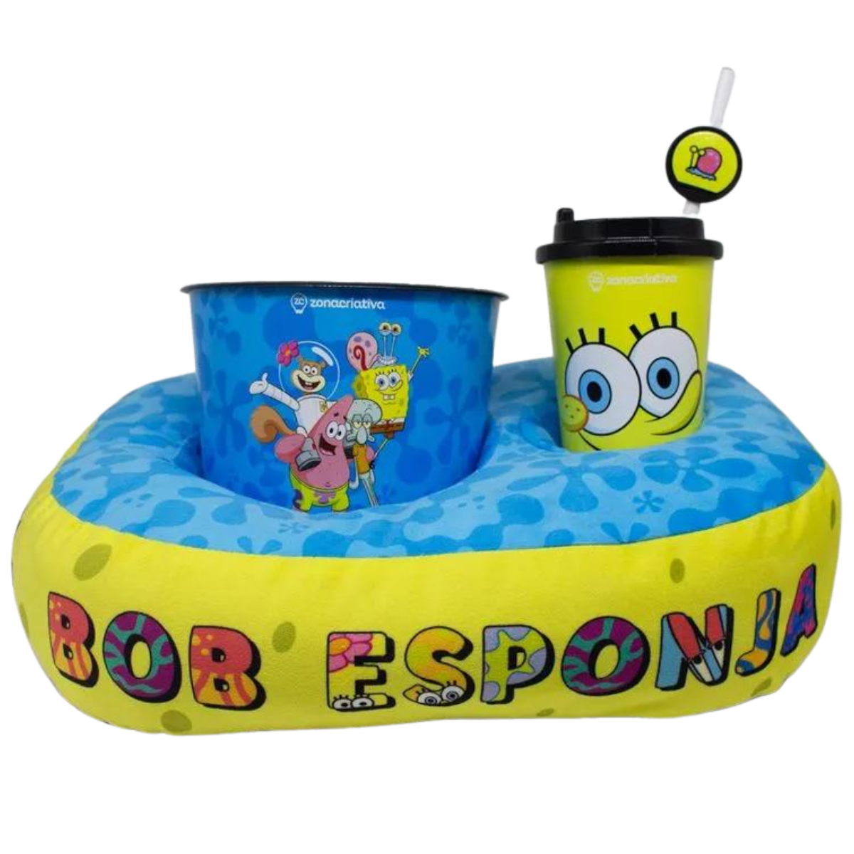 Kit Almofada Porta Pipoca Balde e Copo Bob Esponja Individual Infantil