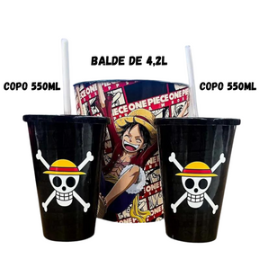 Kit Almofada Porta Pipoca Balde e Copos One Piece Mangá Anime