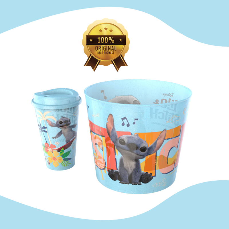 Kit Balde Pipoca e Copo Stitch Combo Cinema Original Licenciado
