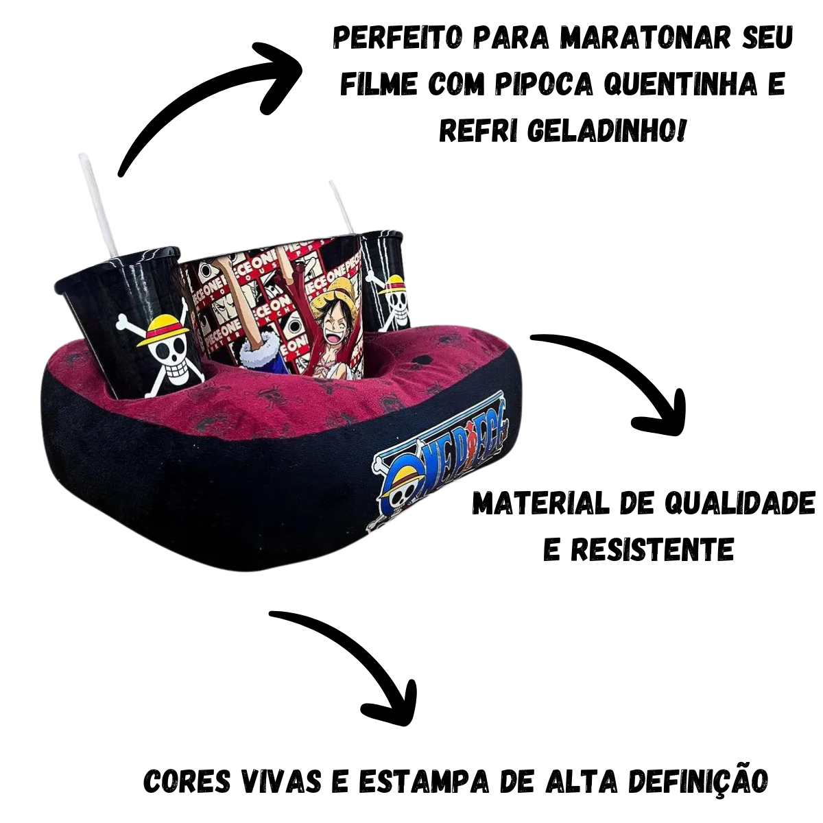 Kit Almofada Porta Pipoca Balde e Copos One Piece Mangá Anime