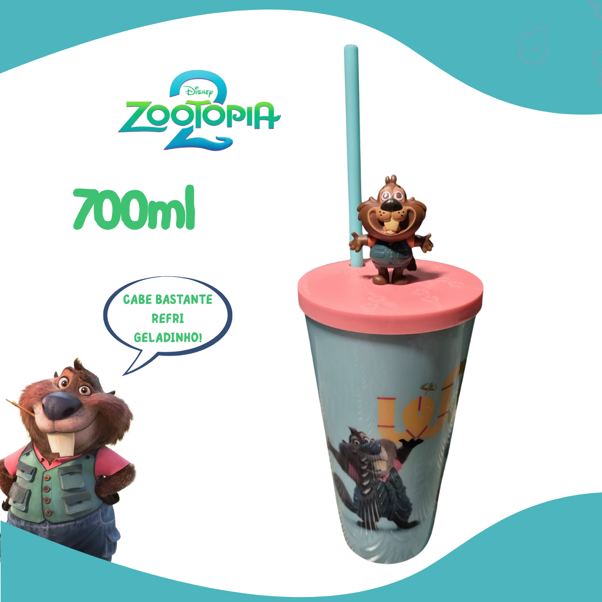 Copo Zootopia 2 Personagens Formato Cinema 3D Tampa 700ml Novo Filme 2025
