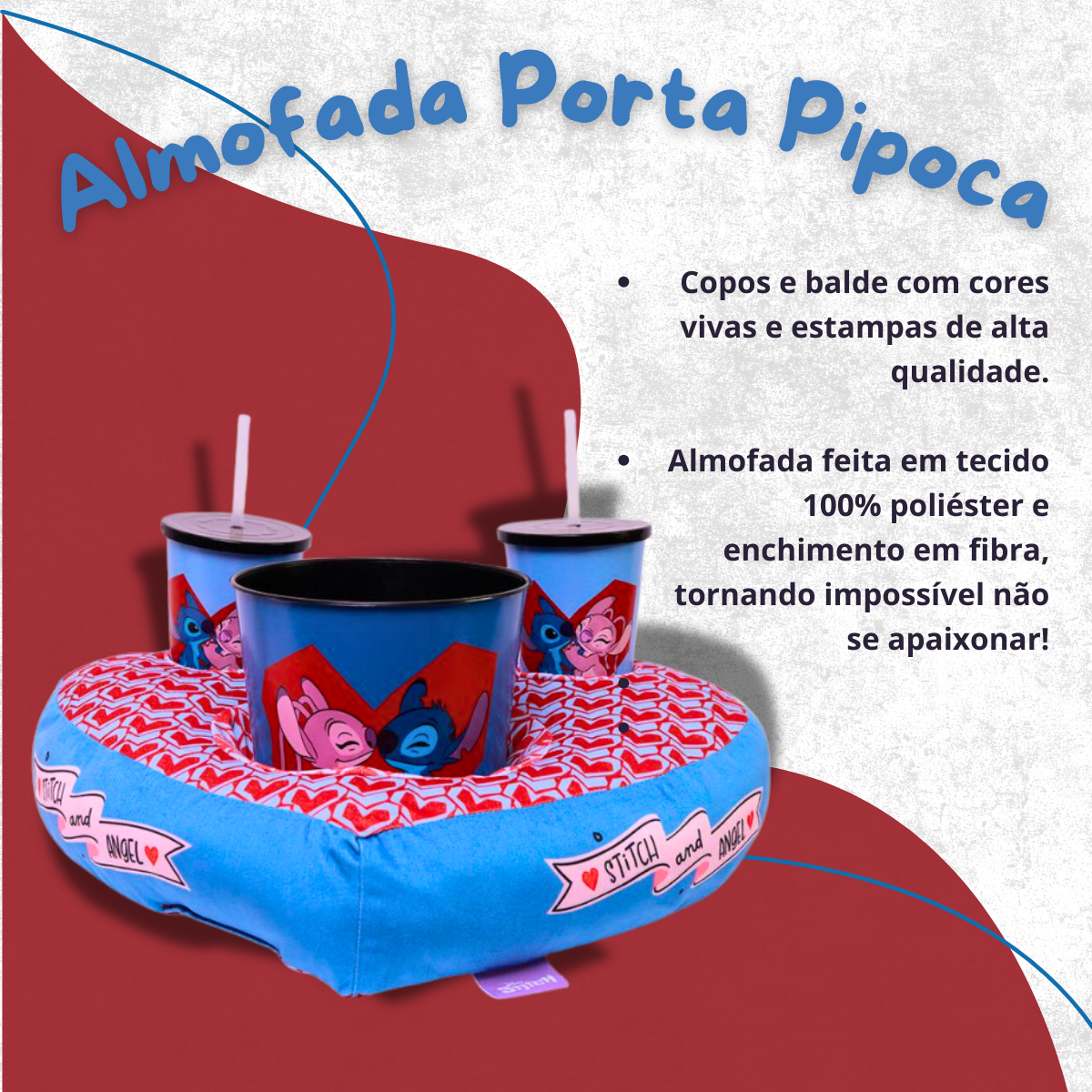 Almofada Porta Pipoca com Copos e Balde Stitch e Angel – Tema Namorados Coração