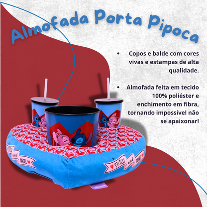 Almofada Porta Pipoca com Copos e Balde Stitch e Angel – Tema Namorados Coração