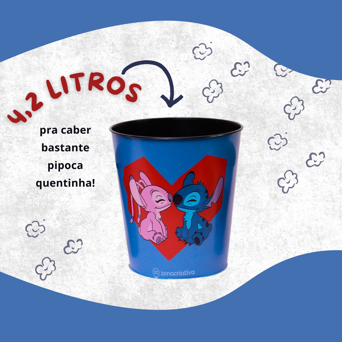 Almofada Porta Pipoca com Copos e Balde Stitch e Angel – Tema Namorados Coração