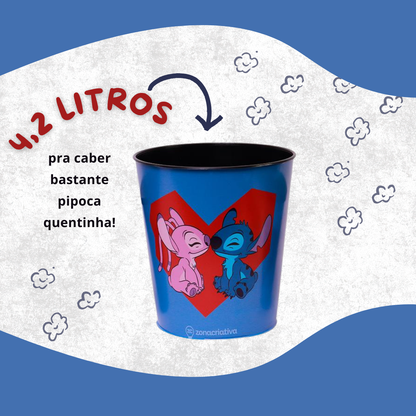 Almofada Porta Pipoca com Copos e Balde Stitch e Angel – Tema Namorados Coração