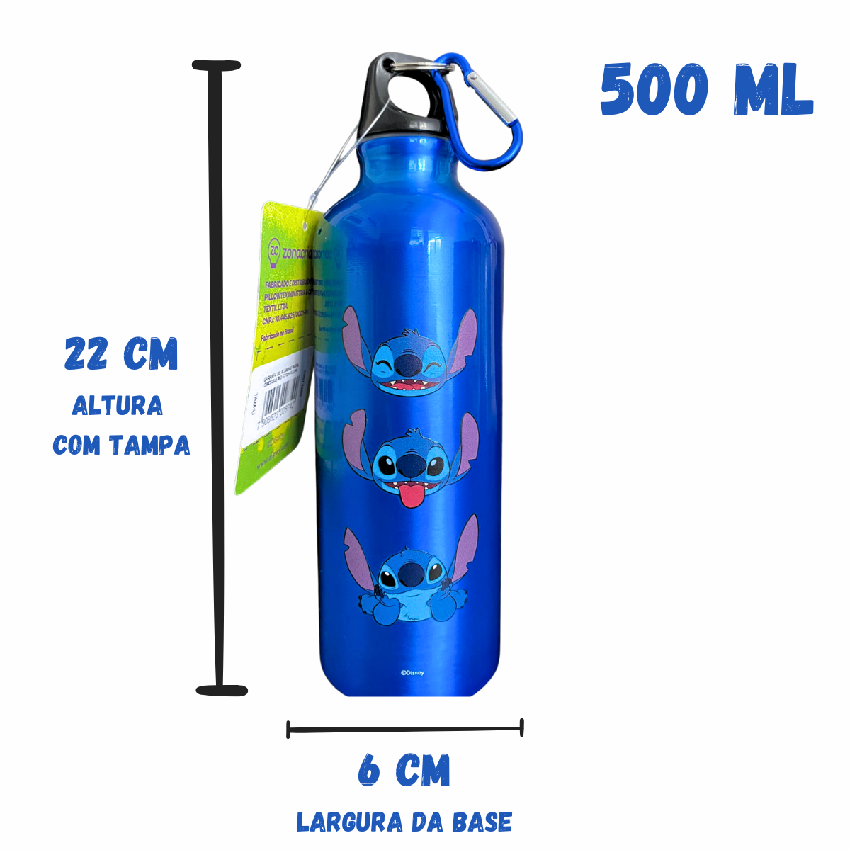 Garrafa de Alumínio Stitch Aloha com Mosquetão Chaveiro 500ml