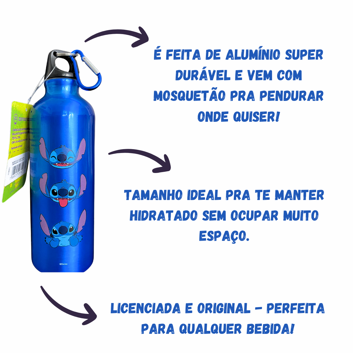 Garrafa de Alumínio Stitch Aloha com Mosquetão Chaveiro 500ml