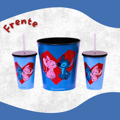 Almofada Porta Pipoca com Copos e Balde Stitch e Angel – Tema Namorados Coração