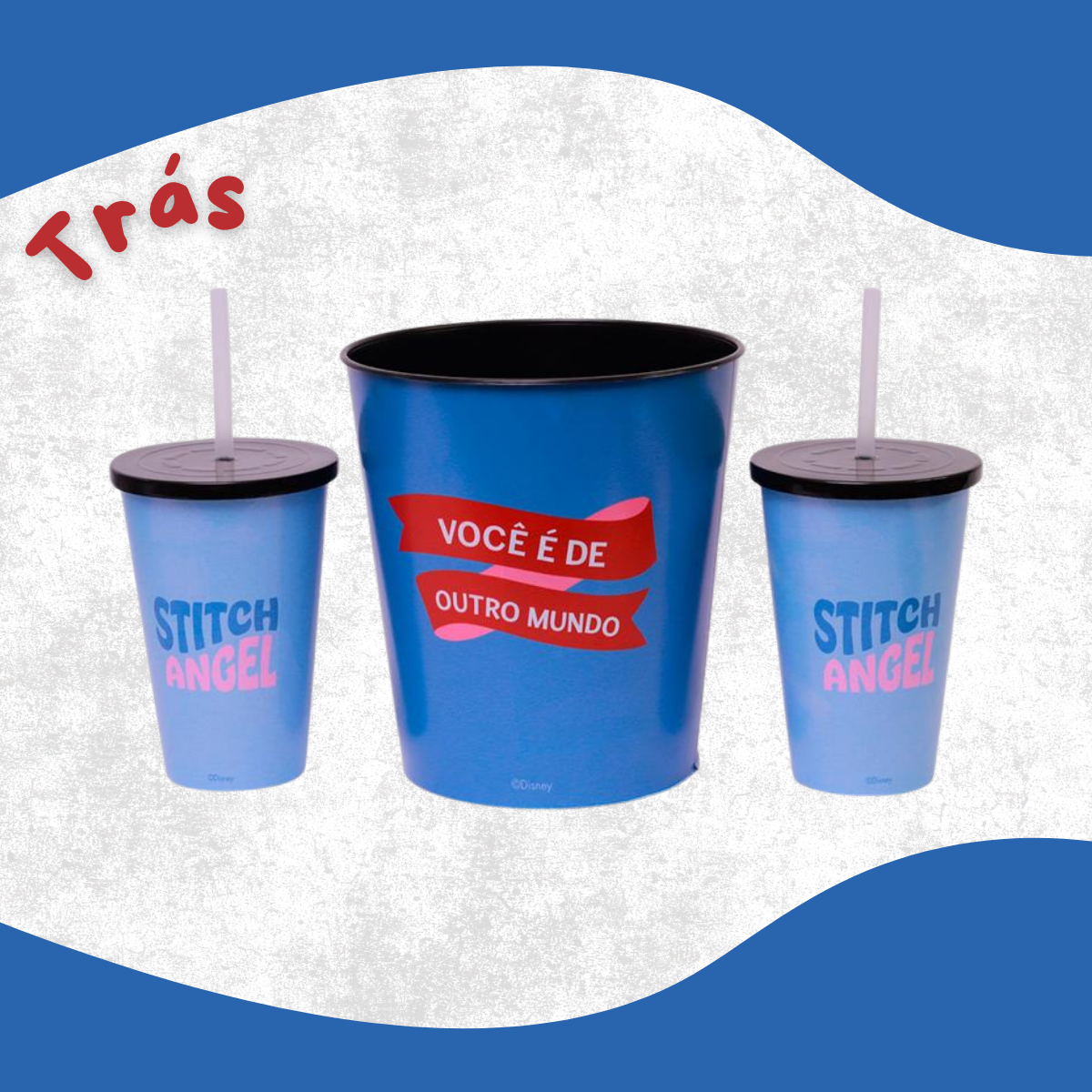 Almofada Porta Pipoca com Copos e Balde Stitch e Angel – Tema Namorados Coração