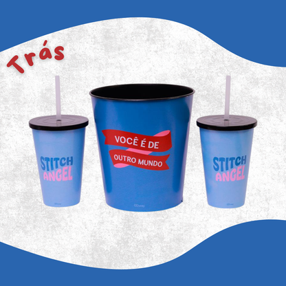 Almofada Porta Pipoca com Copos e Balde Stitch e Angel – Tema Namorados Coração