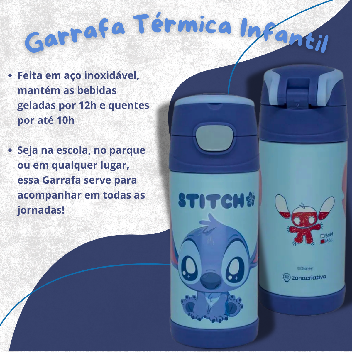 Garrafa Térmica Infantil Stitch 350ml – Aço Inox com Canudo e Tampa Click + Brinde