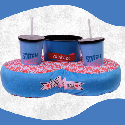 Almofada Porta Pipoca com Copos e Balde Stitch e Angel – Tema Namorados Coração