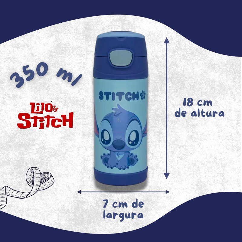 Garrafa Térmica Stitch 350ml Aço Inox com Canudo e Tampa de Click