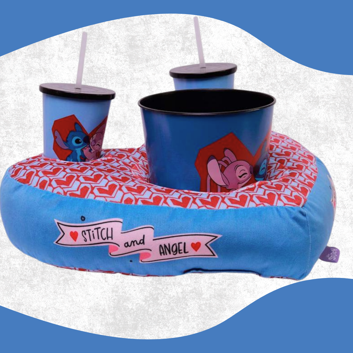 Almofada Porta Pipoca com Copos e Balde Stitch e Angel – Tema Namorados Coração