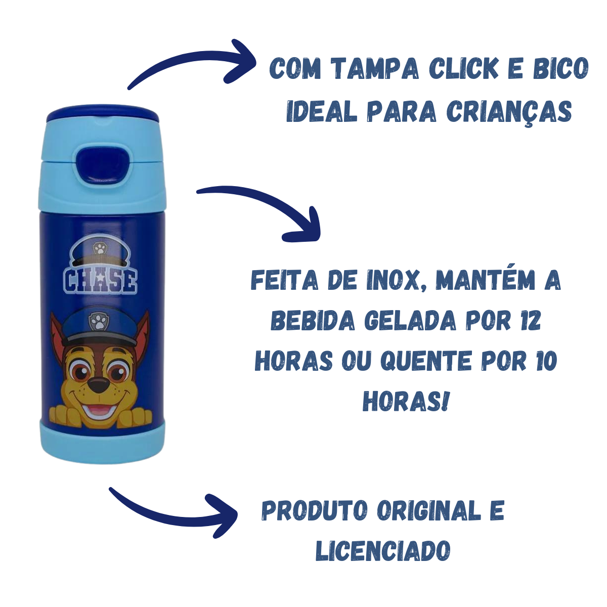 Garrafa Térmica Chase Patrulha Canina 350ml – Aço Inoxidável com Canudo e Tampa Rosqueável