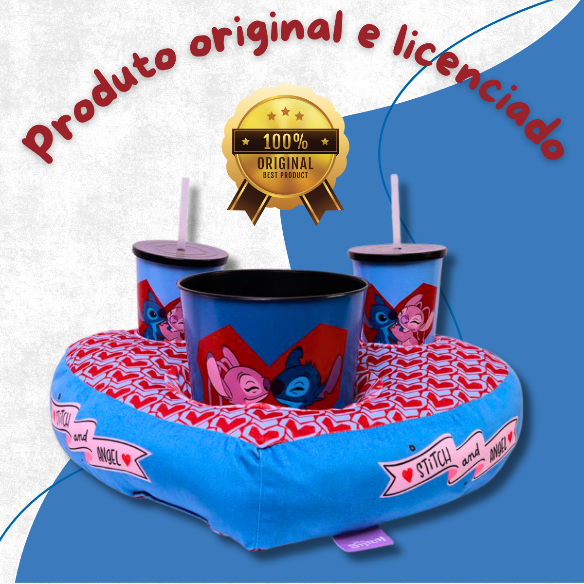 Almofada Porta Pipoca com Copos e Balde Stitch e Angel – Tema Namorados Coração