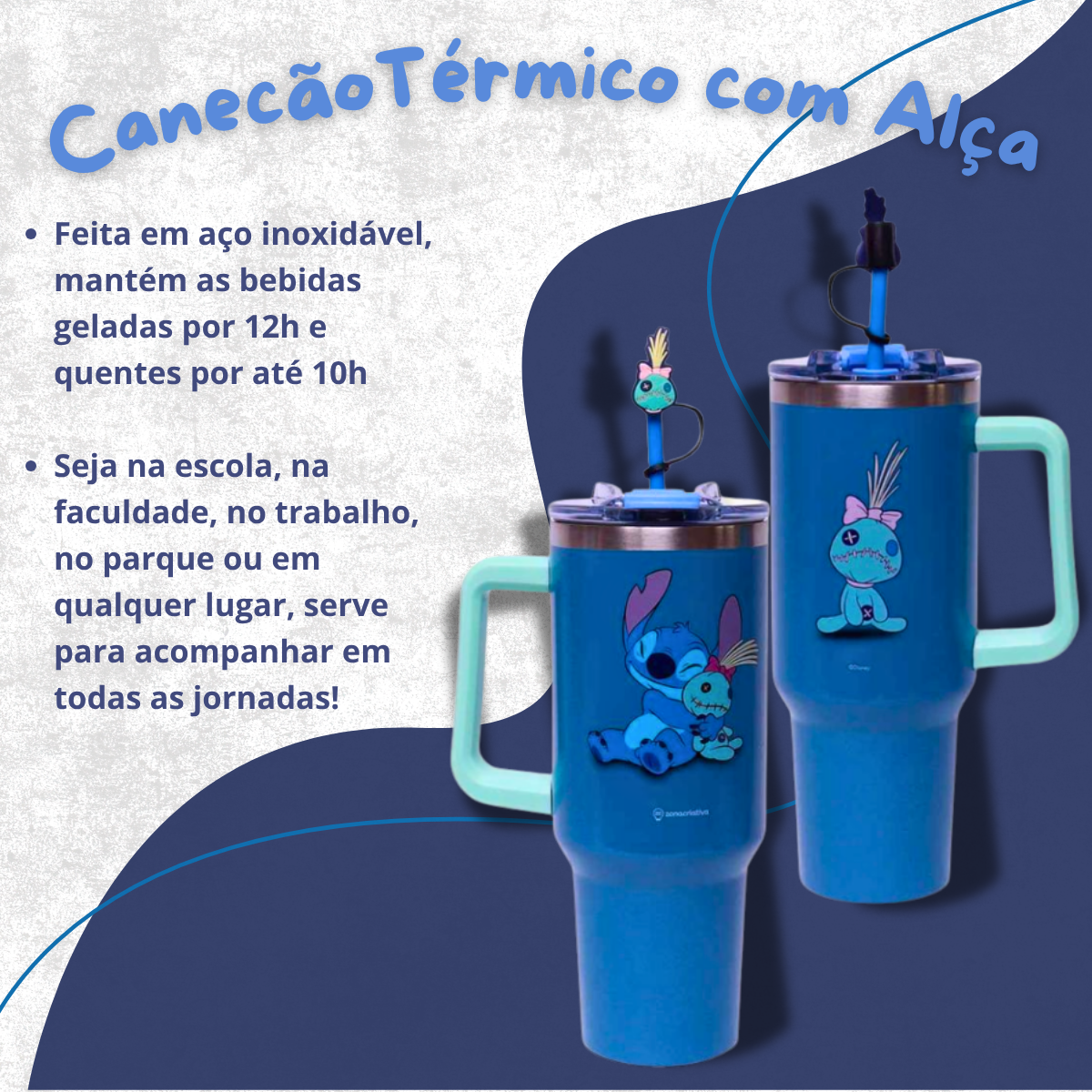 Copo Térmico Stitch e Xepa 1,15L – Aço Inox com Tampa e Canudo com Pingente + Brinde