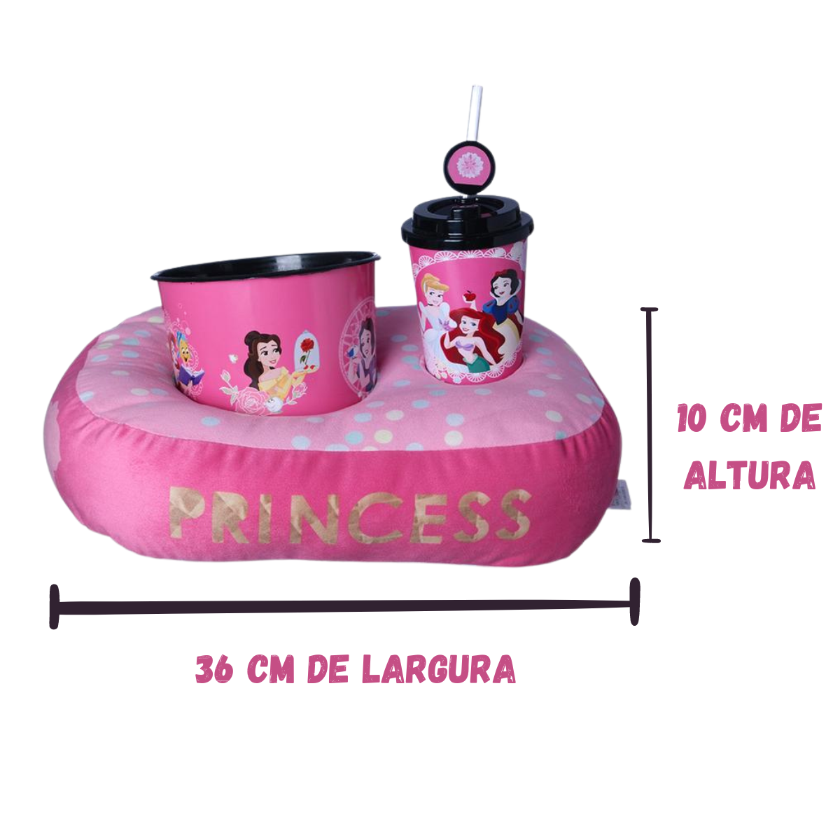 Kit Almofada Porta Pipoca Balde e Copo Princesas Individual Infantil