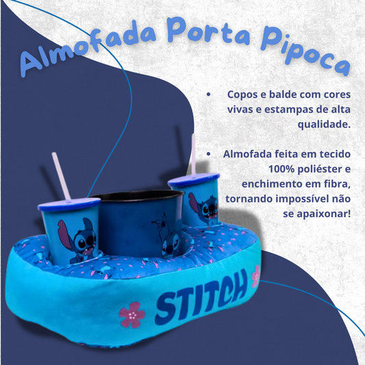 Kit Almofada Porta Pipoca Com Balde e Copos Stitch Just Chill