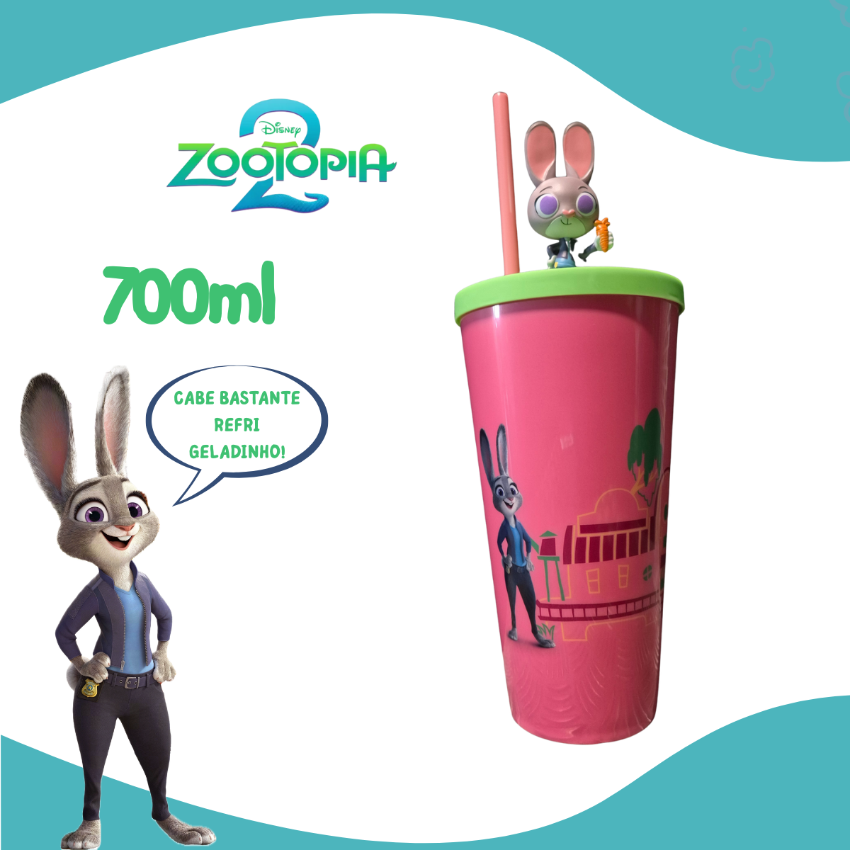 Copo Zootopia 2 Personagens Formato Cinema 3D Tampa 700ml Novo Filme 2025