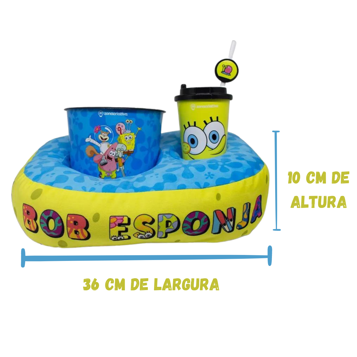 Kit Bob Esponja Almofada Porta Pipoca Balde e Copo Individual Infantil