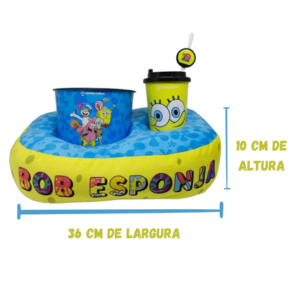 Kit Bob Esponja Almofada Porta Pipoca Balde e Copo Individual Infantil