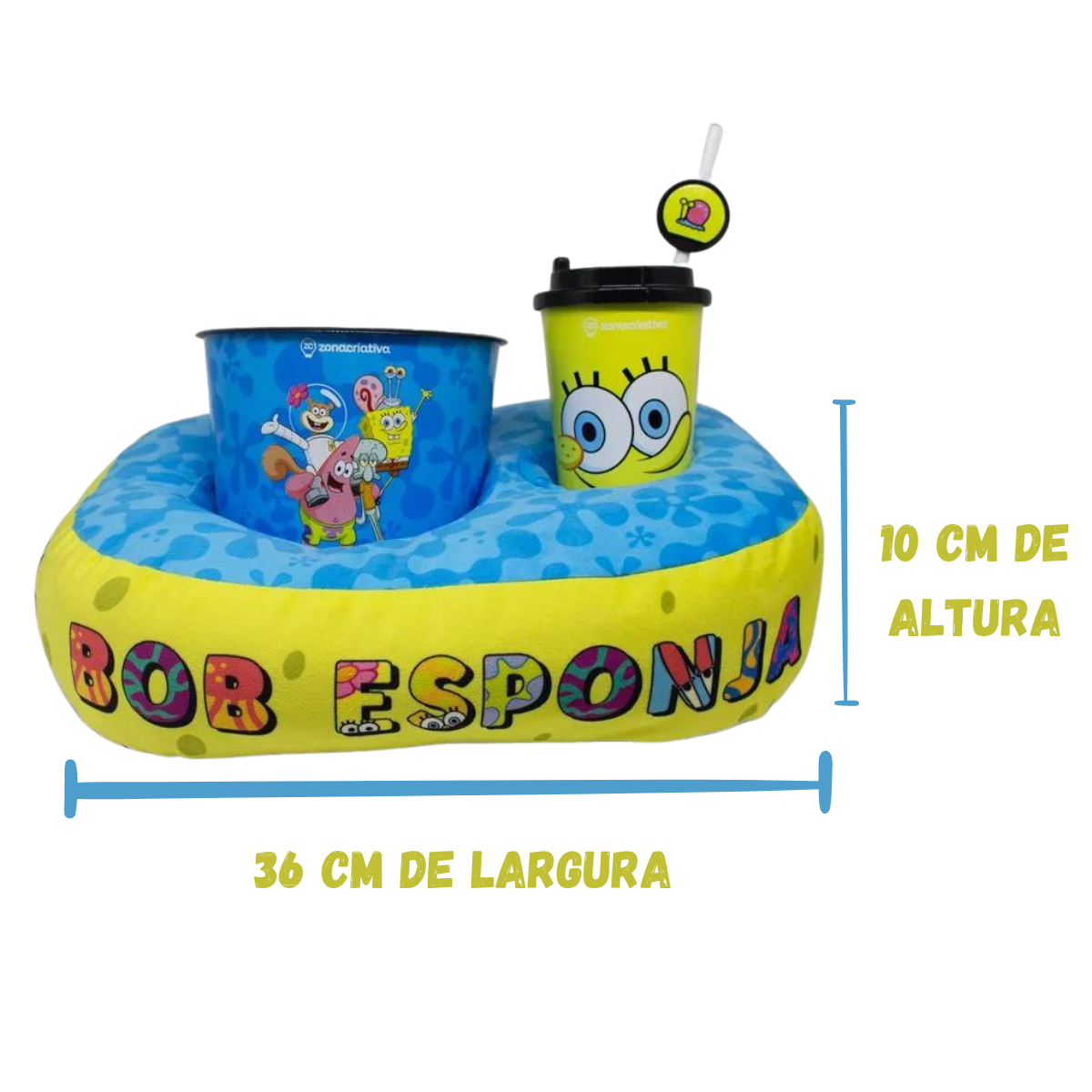 Kit Almofada Porta Pipoca Balde e Copo Bob Esponja Individual Infantil