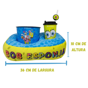 Kit Almofada Porta Pipoca Balde e Copo Bob Esponja Individual Infantil