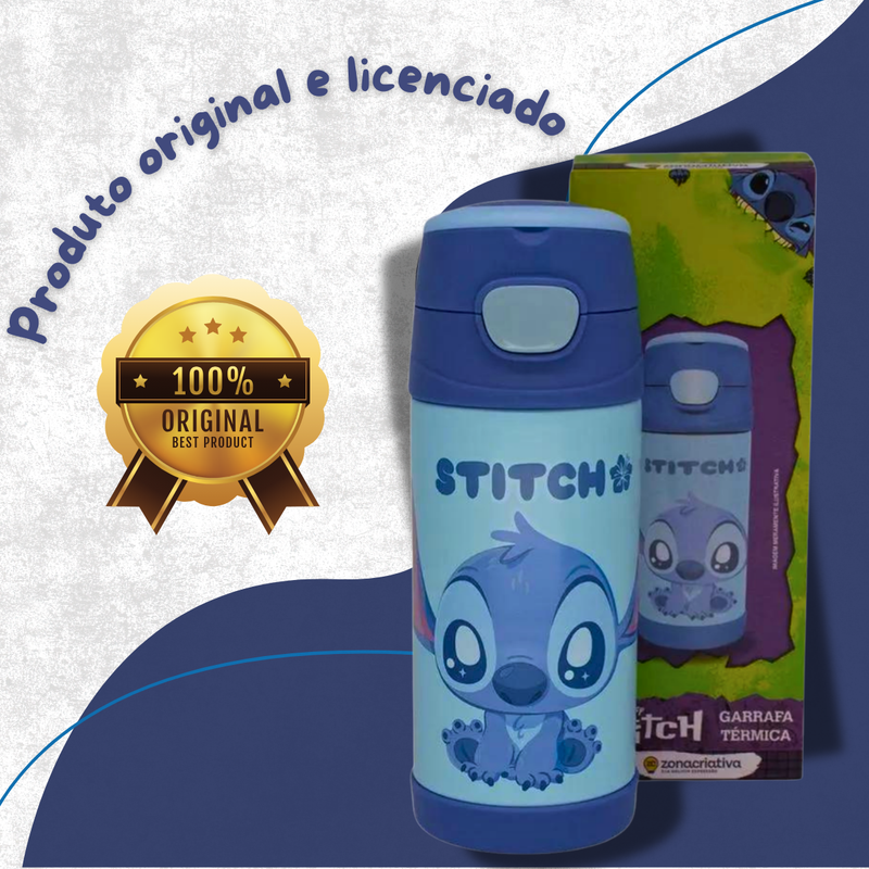 Garrafa Térmica Stitch 350ml Aço Inox com Canudo e Tampa de Click