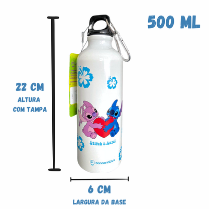Garrafa de Alumínio Stitch e Angel 500ml – Com Mosquetão Estampa Licenciada